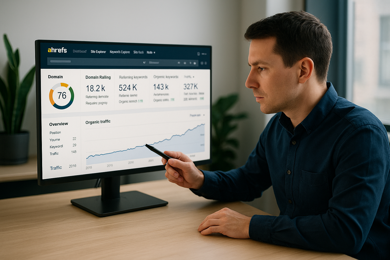 SEO expert analyzing Ahrefs data and organic traffic metrics
